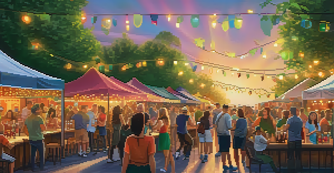 A lively outdoor craft beer festival with diverse attendees enjoying beers and engaging in conversations under colorful banners and fairy lights.