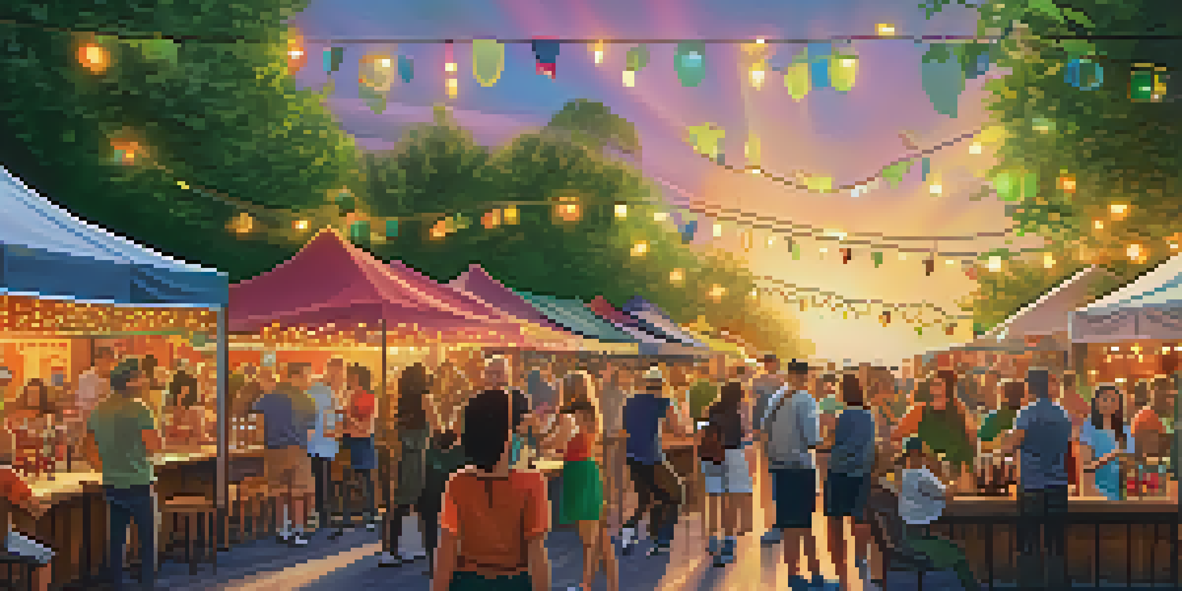 A lively outdoor craft beer festival with diverse attendees enjoying beers and engaging in conversations under colorful banners and fairy lights.