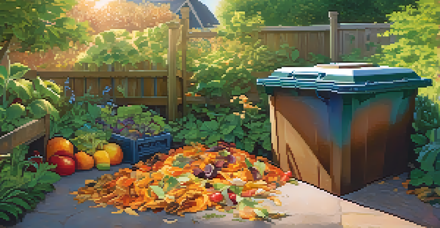 A close-up of a compost bin filled with organic waste, with a vibrant community garden in the background.
