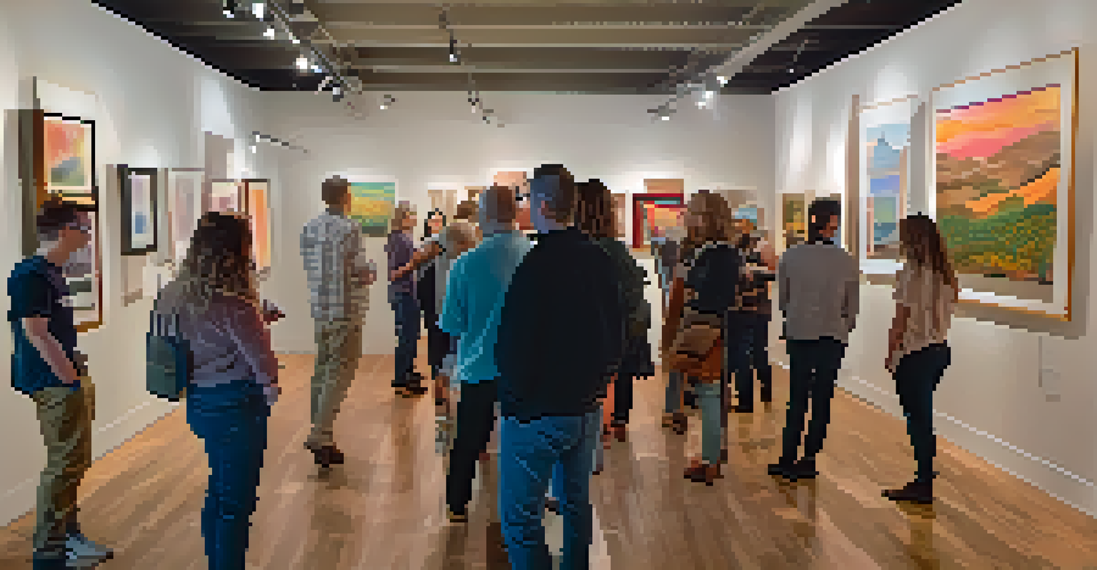An art gallery showcasing diverse artworks by LGBTQ+ artists during the First Friday Art Walk, with visitors engaging in discussions under warm lighting.