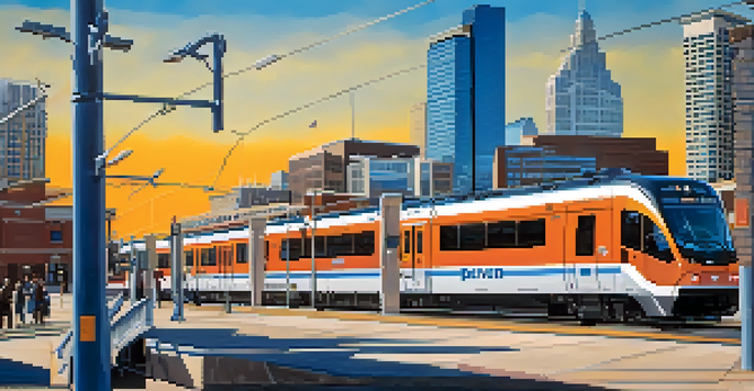 A light rail train at a Denver station with passengers boarding and the city skyline in the background.