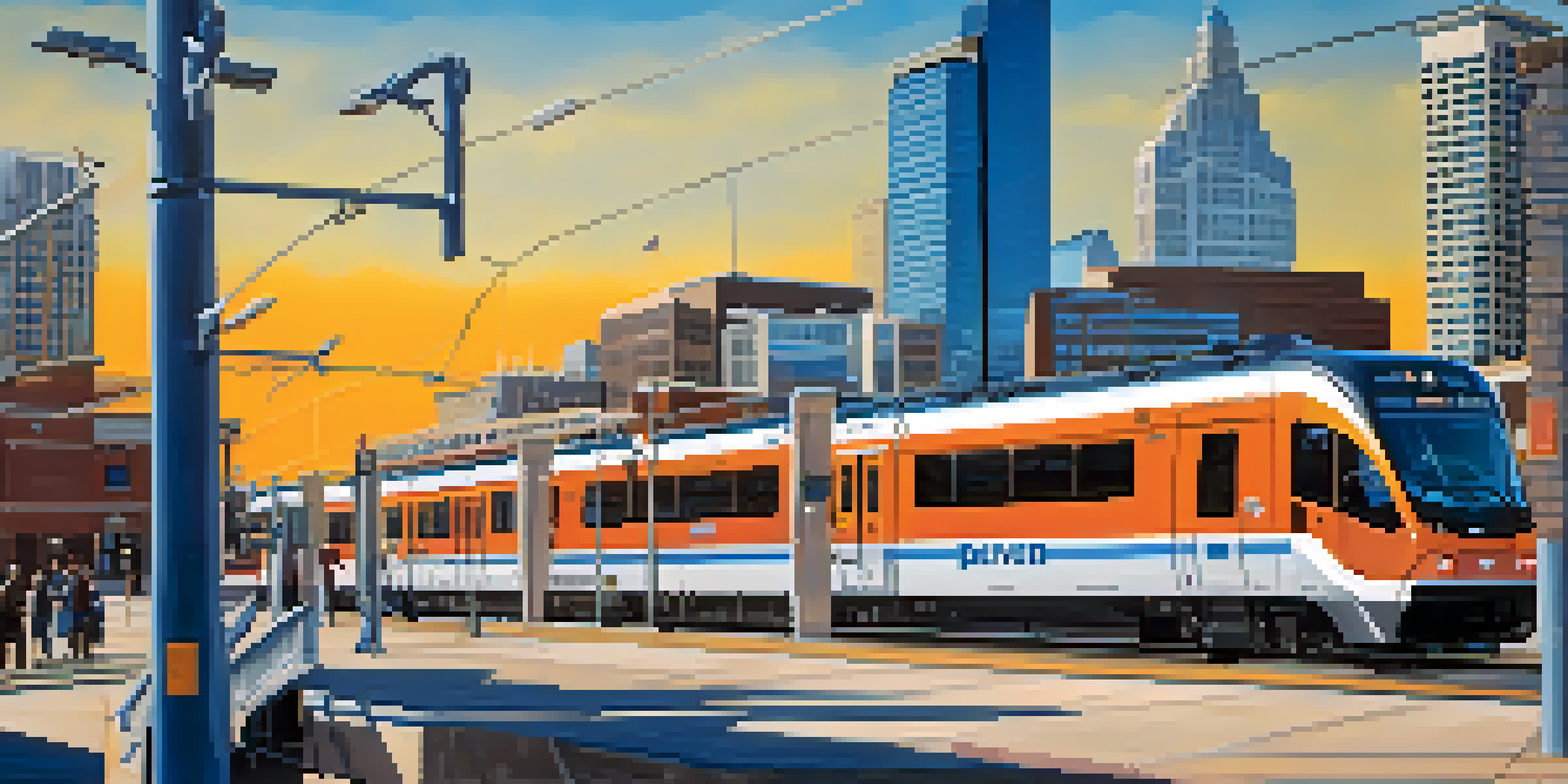A light rail train at a Denver station with passengers boarding and the city skyline in the background.
