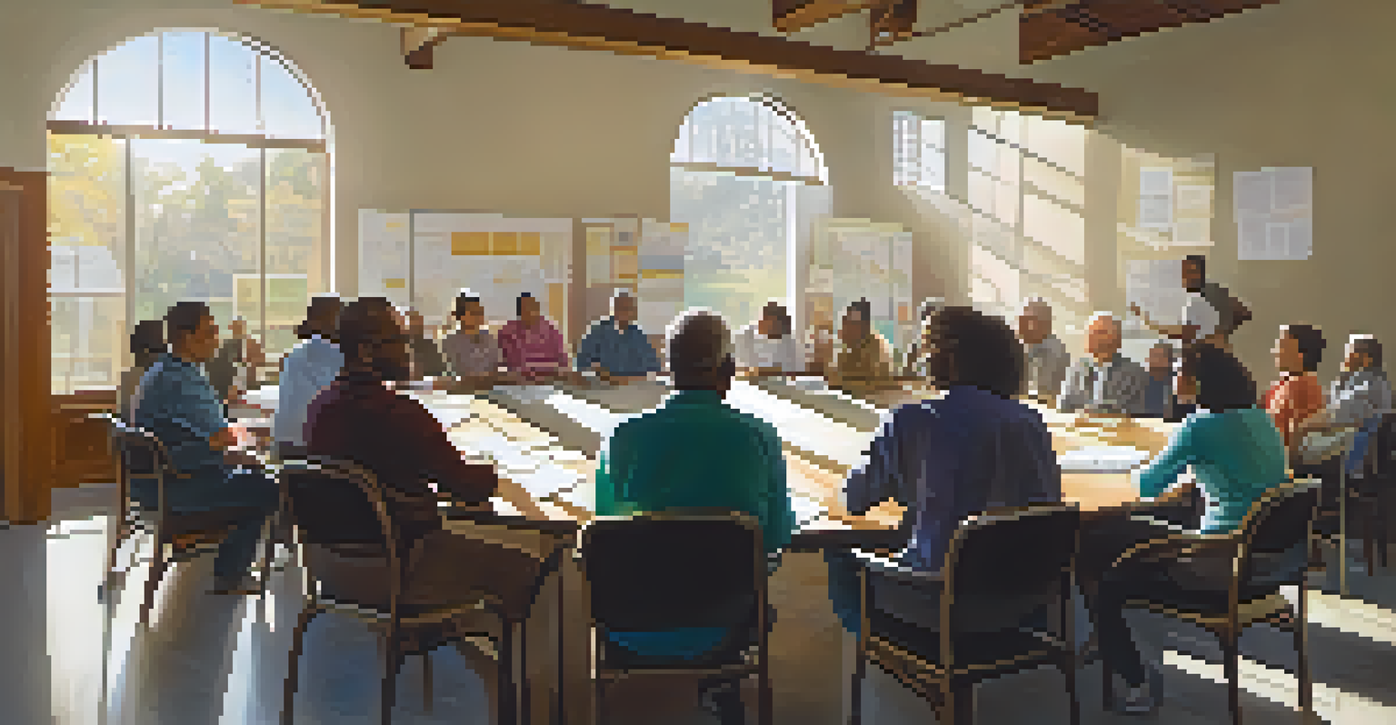 A group of engaged individuals in a community center discussing local issues at a round table, with sunlight illuminating the room.