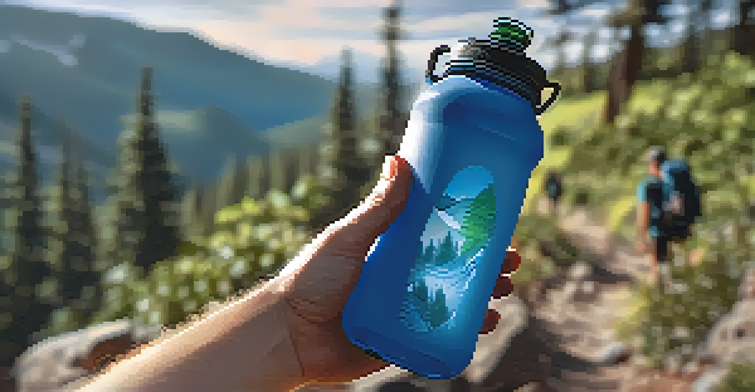 A hiker's hand reaching for a water bottle in a backpack on a mountain trail.