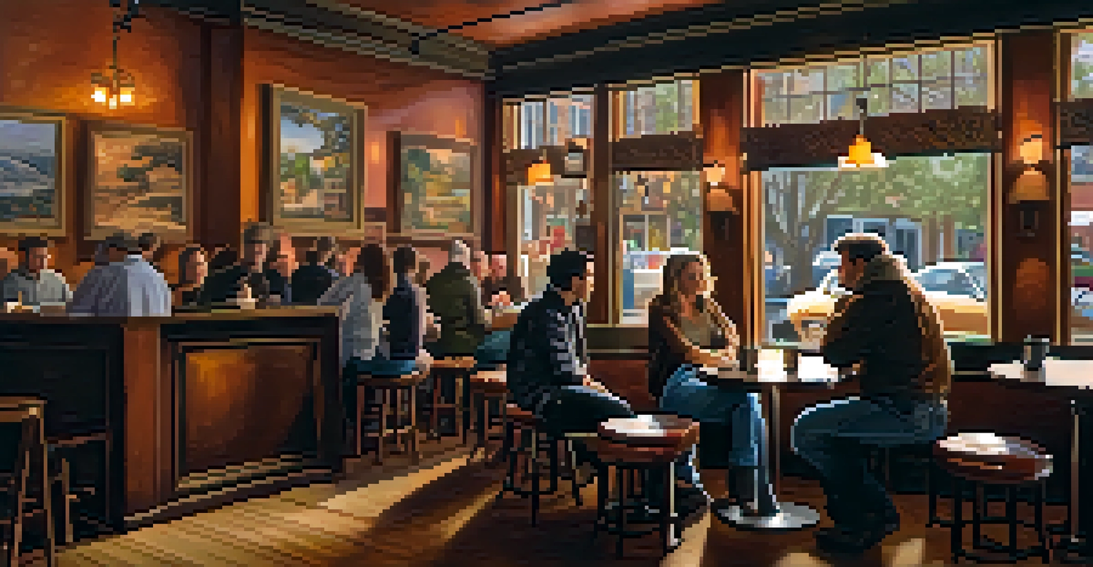 A cozy coffee house with a musician on stage, warm lighting, and patrons enjoying coffee and conversation.