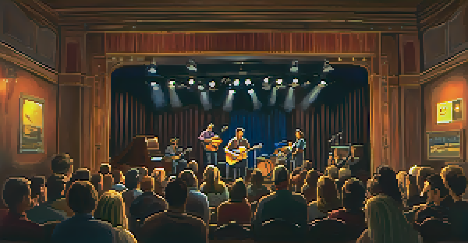 A local folk-rock artist performing on stage at the Bluebird Theater in a cozy concert setting with warm lighting.