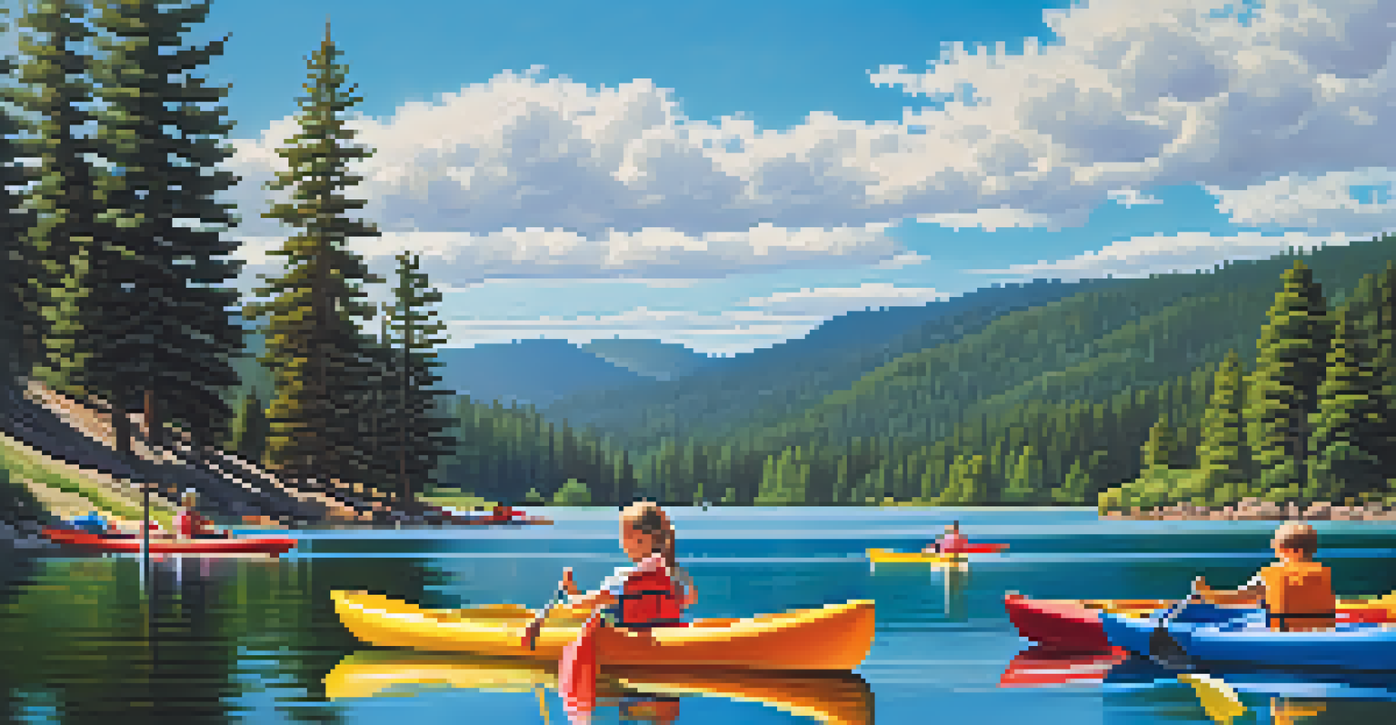 A family kayaking on Evergreen Lake with vibrant kayaks and scenic natural surroundings.