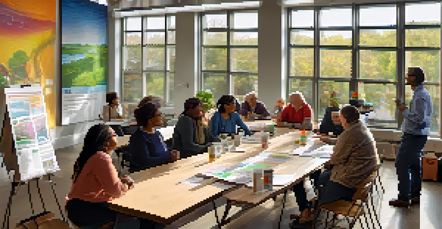 A community workshop with diverse participants discussing renewable energy, with colorful posters and natural light coming through the windows.