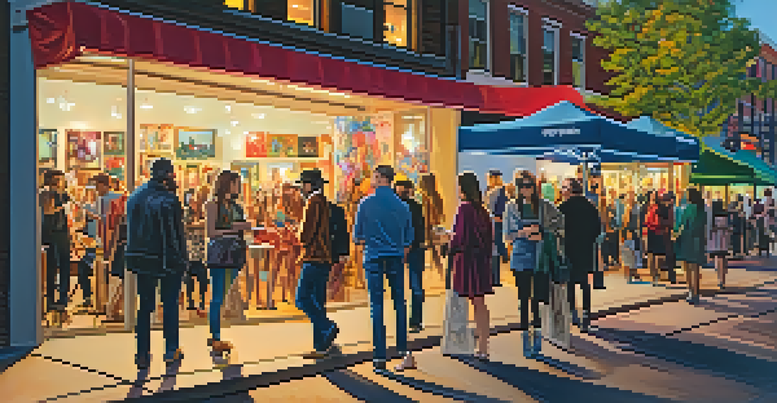 A vibrant art walk in Denver at dusk, with attendees in stylish outfits surrounded by colorful artworks.