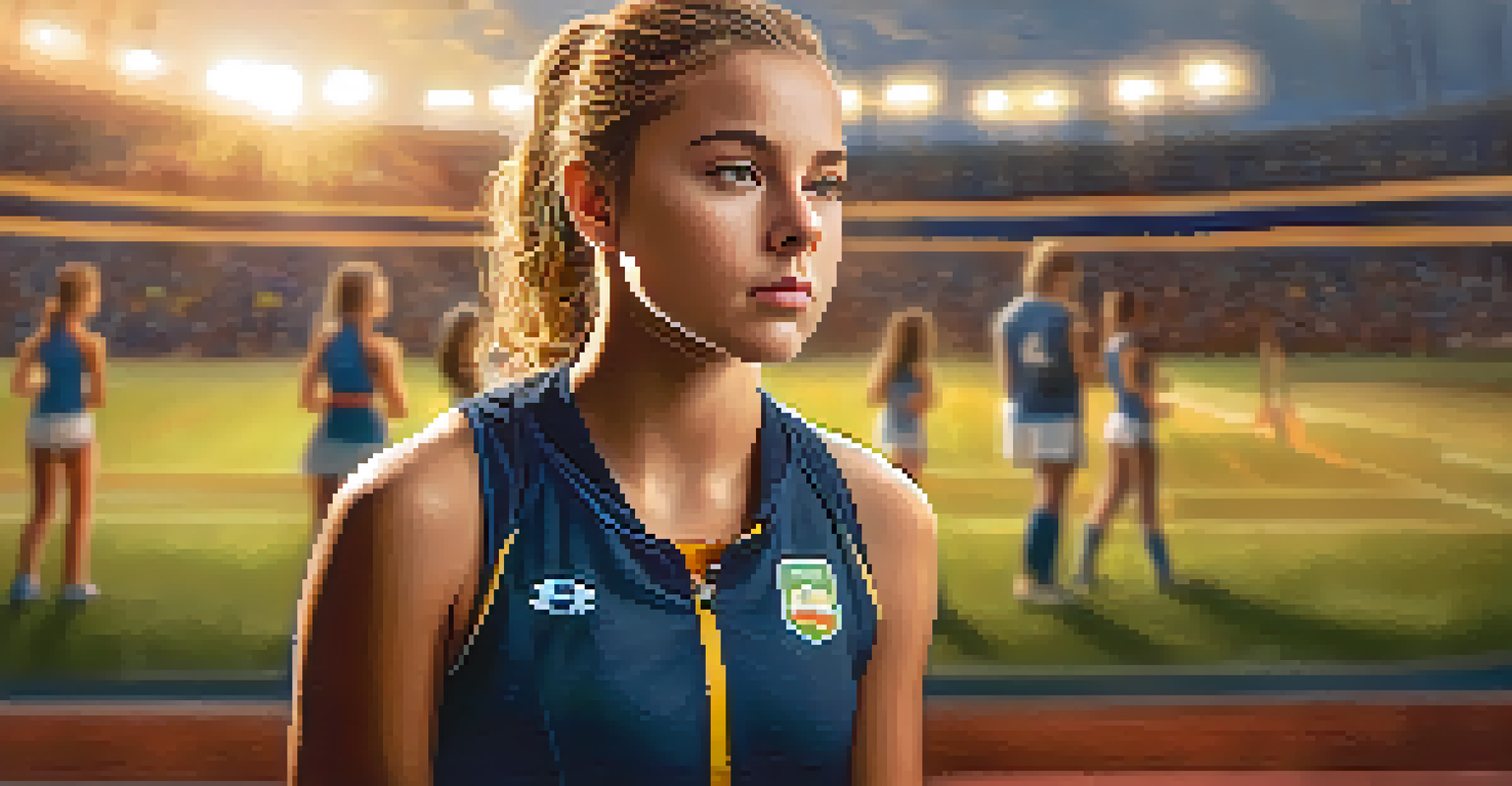A determined young female athlete in uniform, poised and confident, with a blurred sports field and fans in the background, illuminated by warm golden hour light.