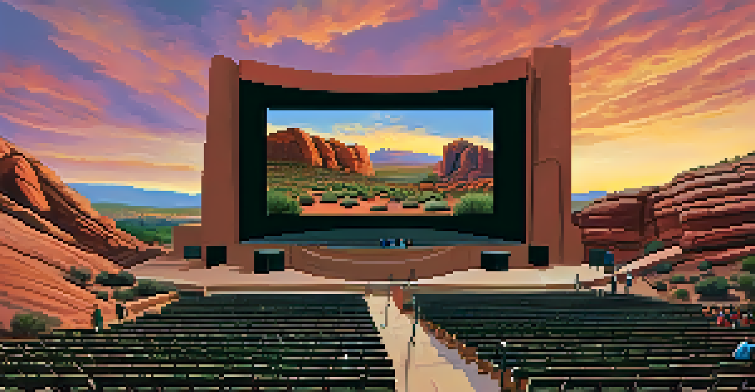 A beautiful sunset view of Red Rocks Amphitheatre with a large screen for an outdoor film, people seated on the steps enjoying the movie.