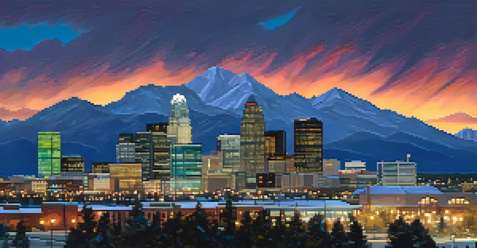The Denver skyline at dusk, with colorful lights and a group of people using technology for political discussions in the foreground.