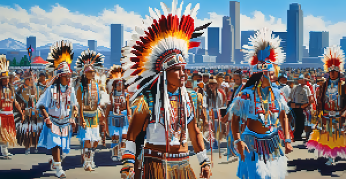 A lively powwow in Denver with dancers in traditional attire and a backdrop of the city skyline.
