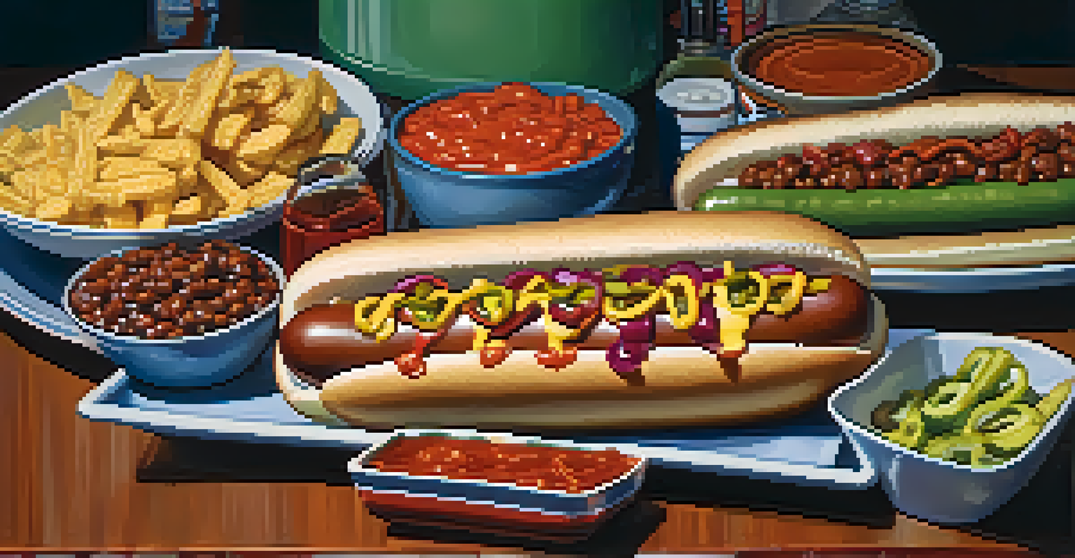 A close-up of gourmet hot dogs with vibrant toppings in an urban setting, capturing the essence of a late-night food experience.