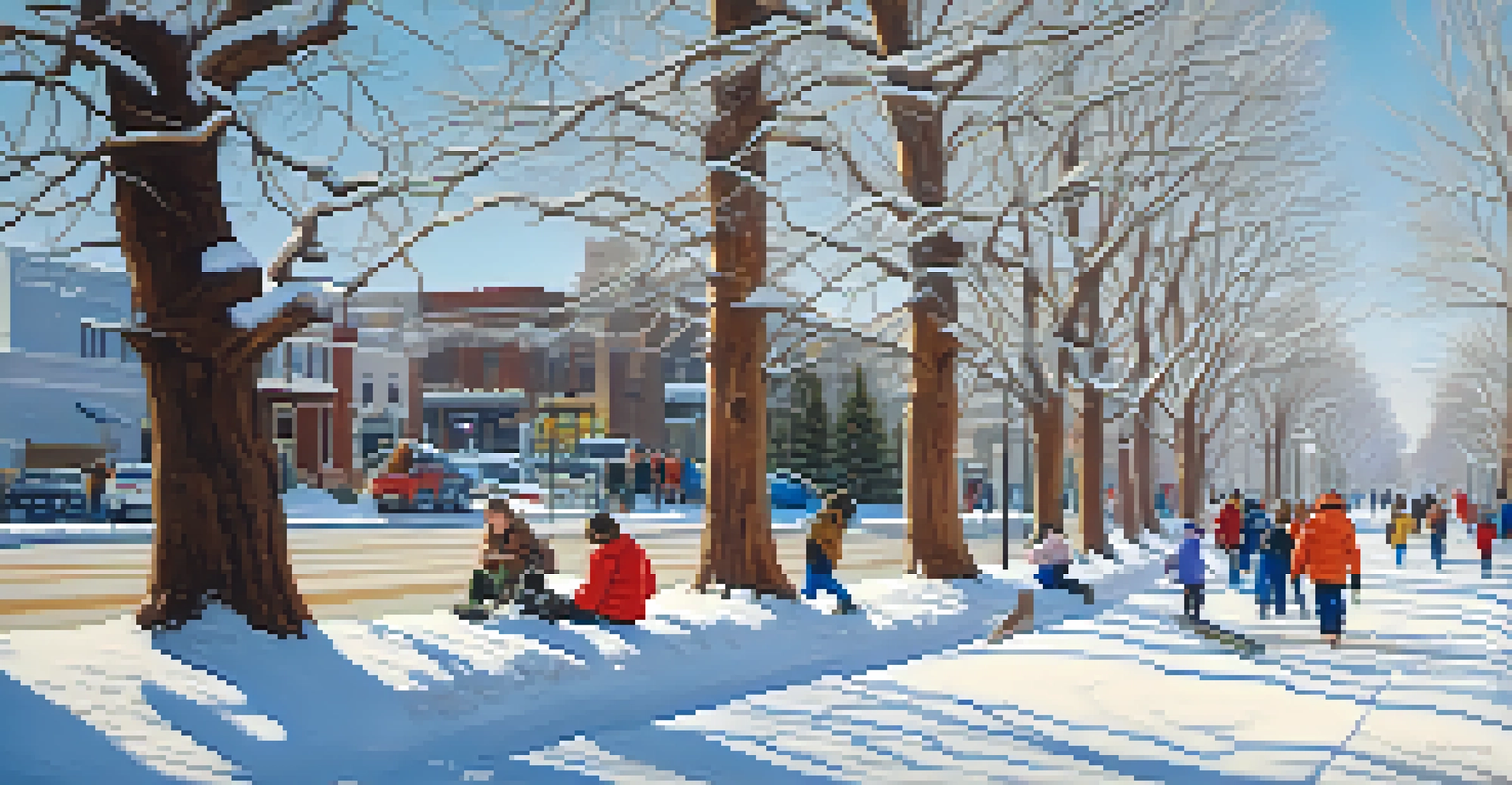 A split image showing a sunny summer day in Denver with people outside, and a snowy winter scene with snow-covered trees.
