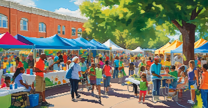 A lively health fair in a park with various booths, fitness demonstrations, and families participating in activities.