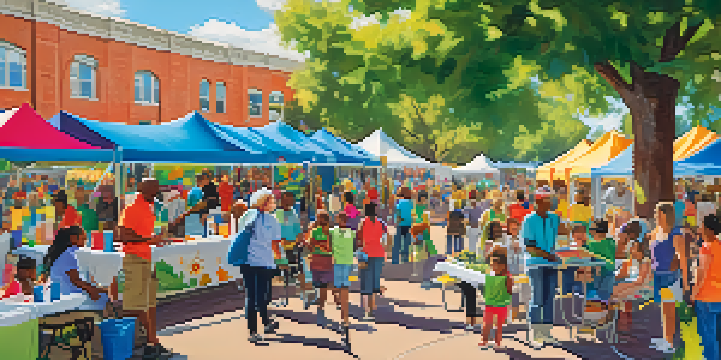 A lively health fair in a park with various booths, fitness demonstrations, and families participating in activities.