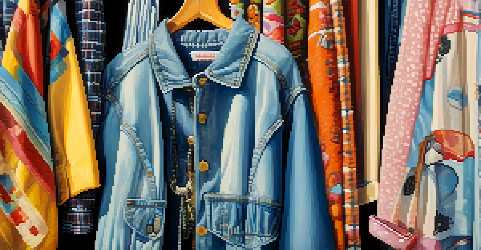 A close-up of colorful vintage clothing items from the 1980s, featuring dresses and accessories.