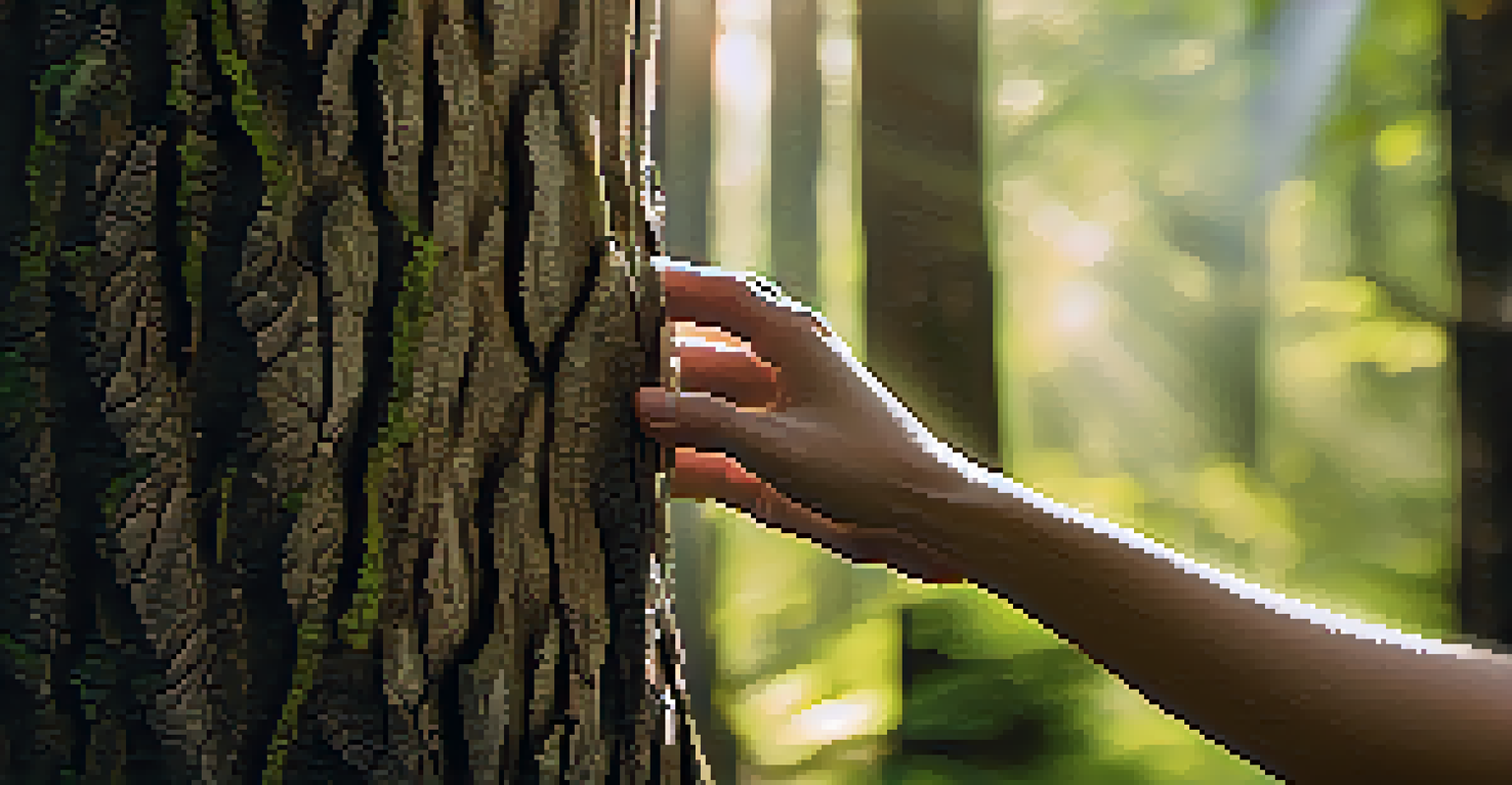 A close-up of a hand touching tree bark in a forest with sunlight filtering through the leaves.