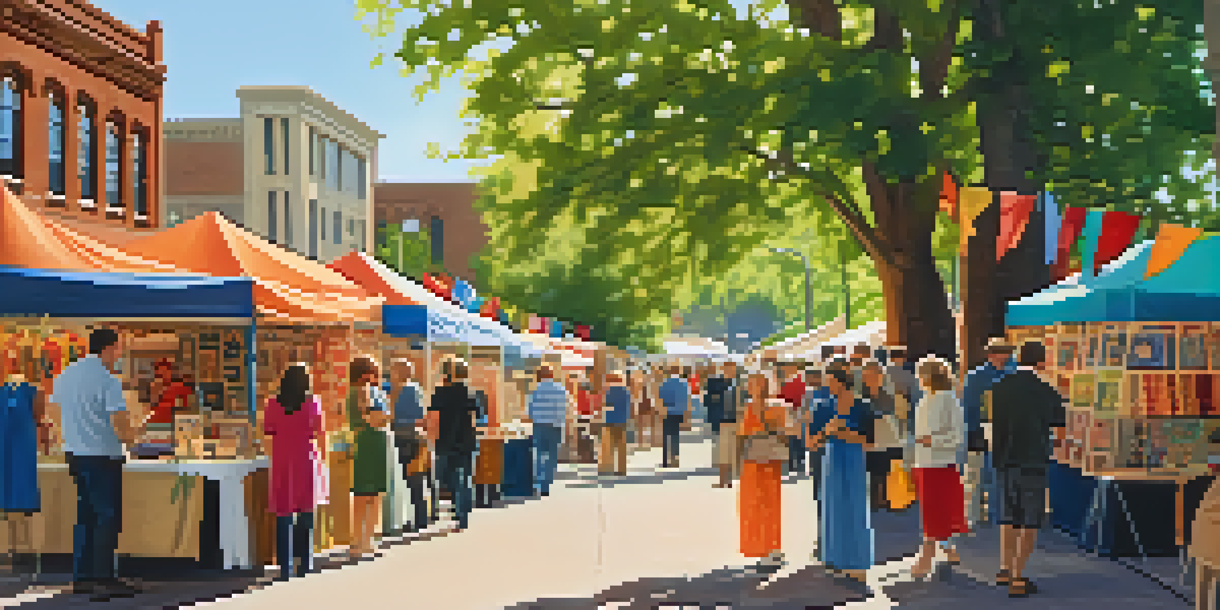 A colorful craft fair in Denver with booths displaying handmade items and visitors interacting with artisans under warm sunlight.