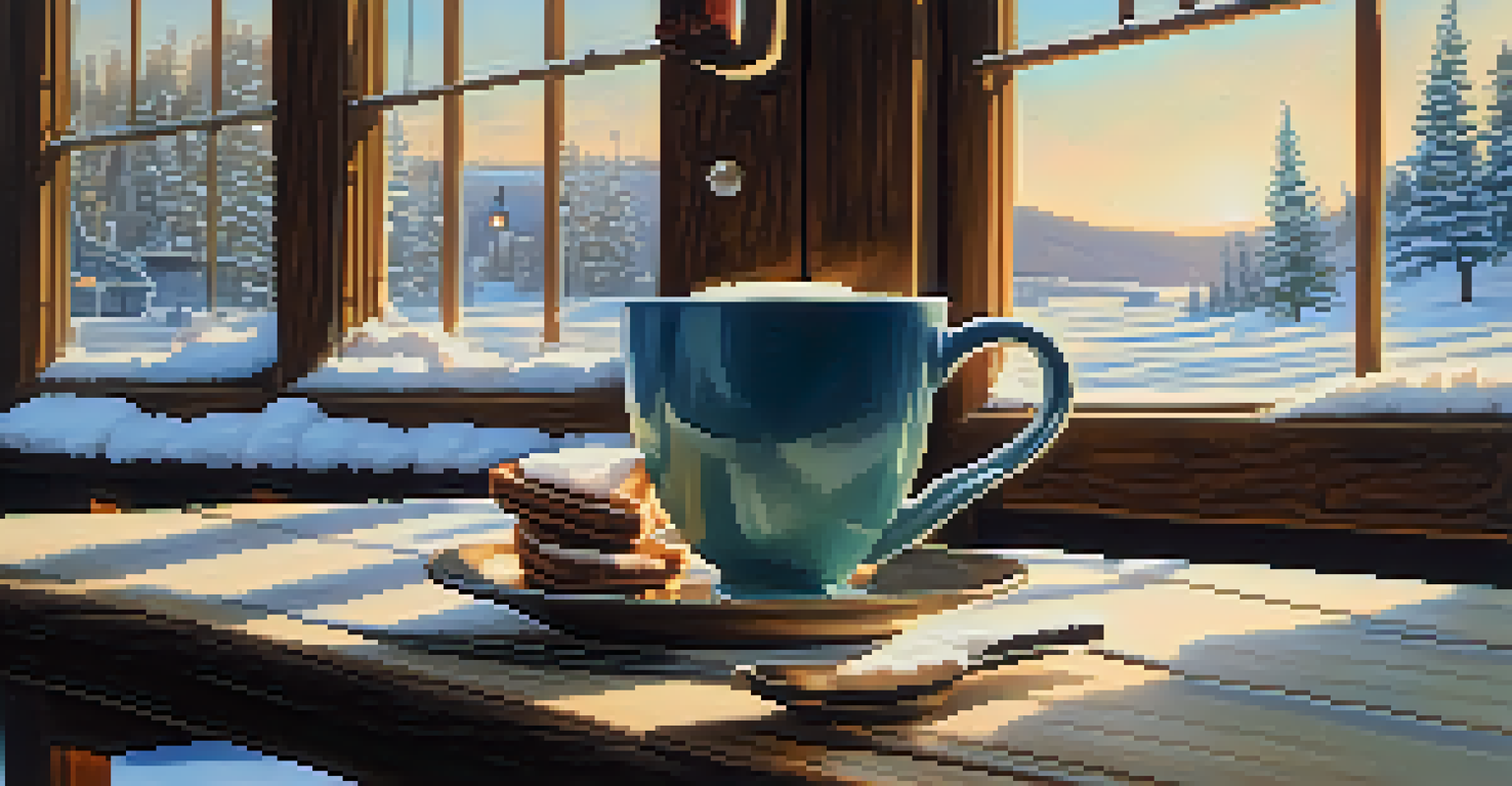 A cozy café with a steaming cup of hot chocolate on a wooden table, showing a snowy landscape through a window with snowflakes falling.