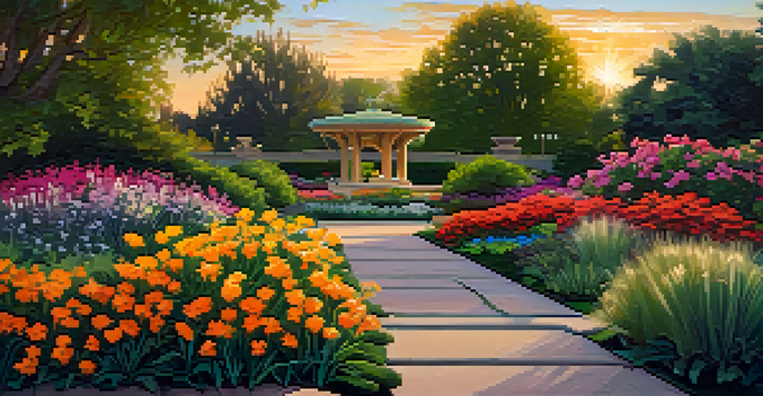 A scenic landscape of colorful flowers and lush greenery in the Denver Botanic Gardens with sculptures and a sunset in the background.