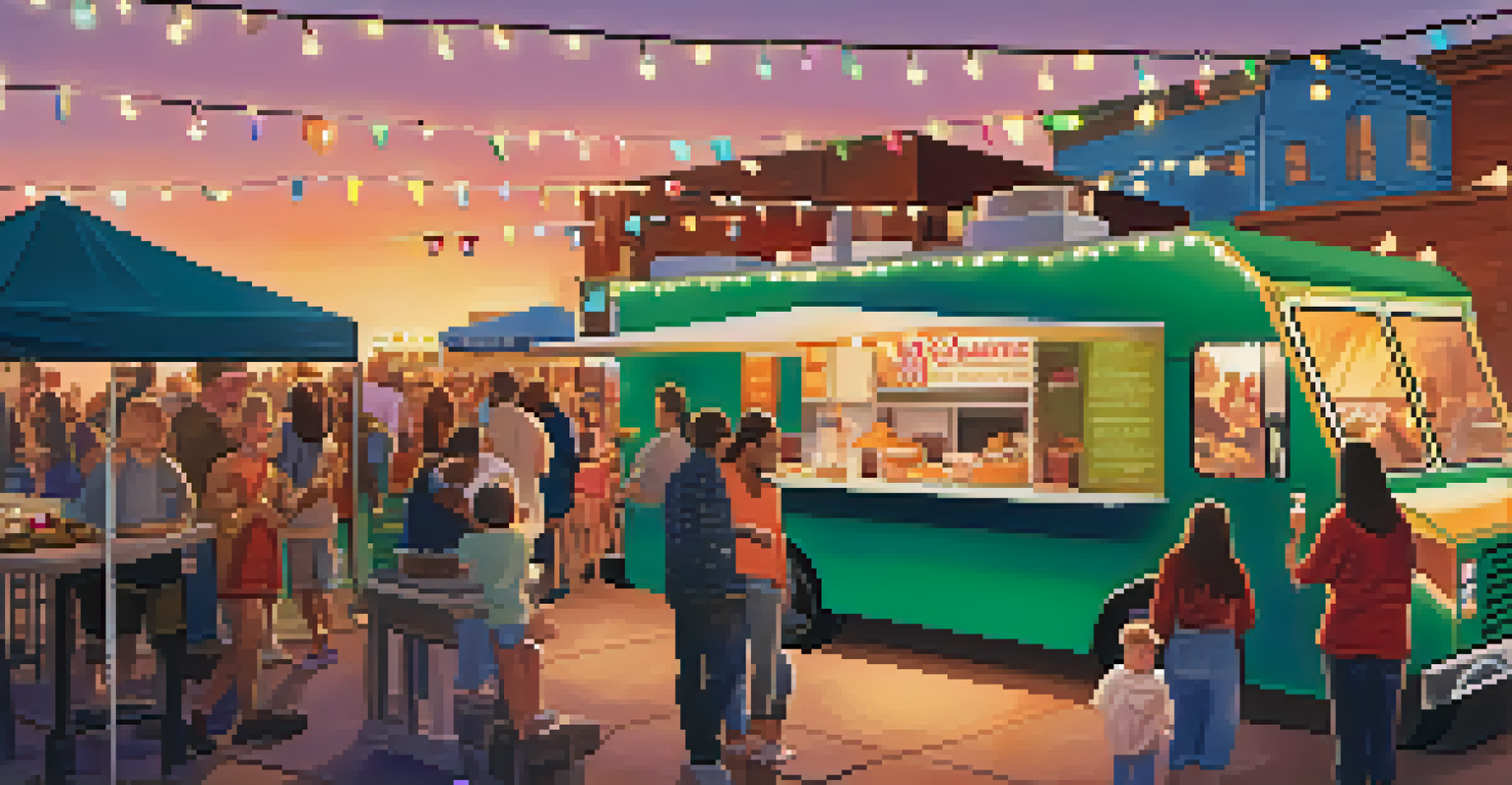 A food truck festival in Denver with various trucks and people enjoying food under string lights at sunset.