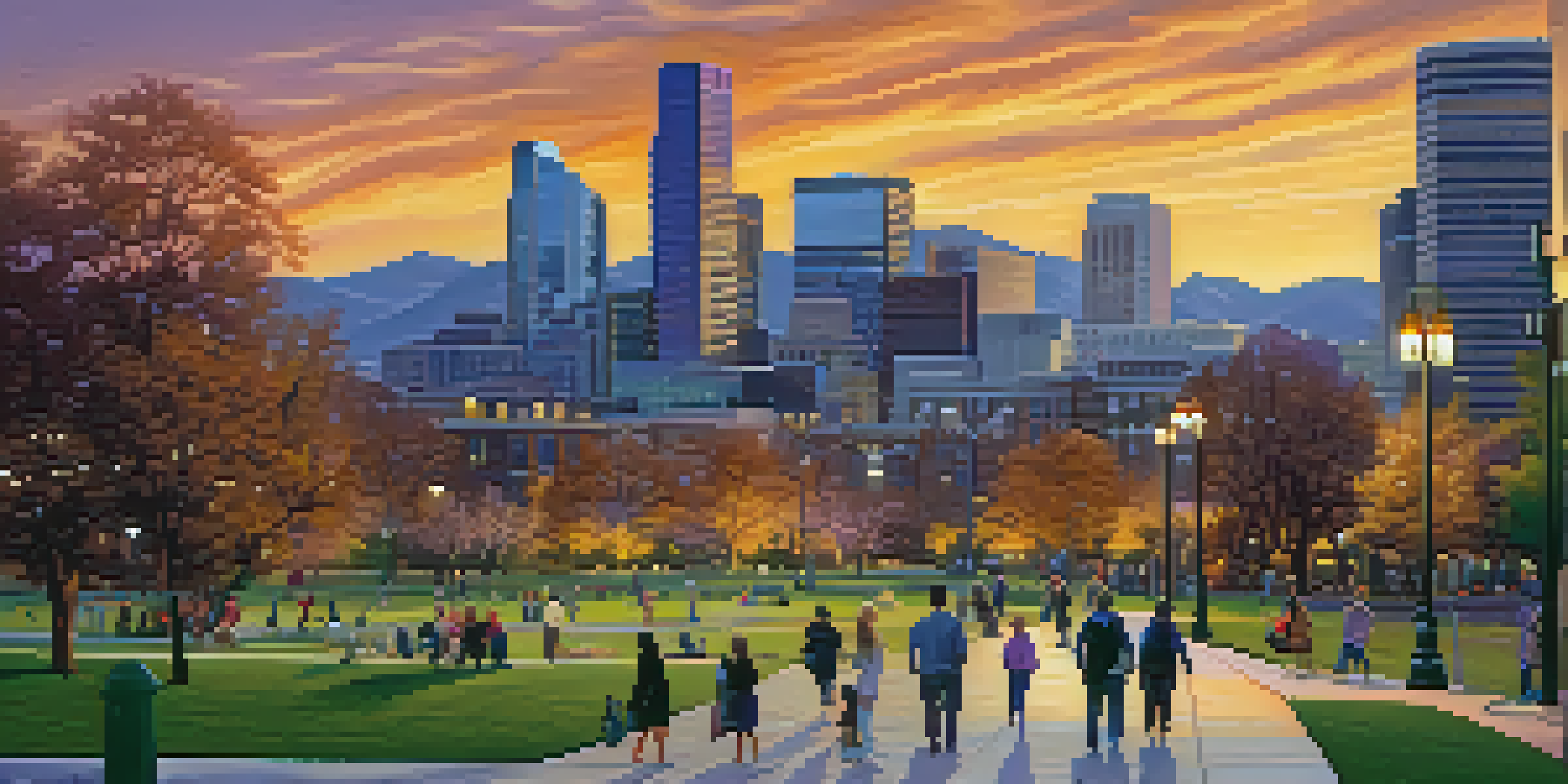 A sunset view of Denver's skyline with mountains in the background and a park in the foreground.