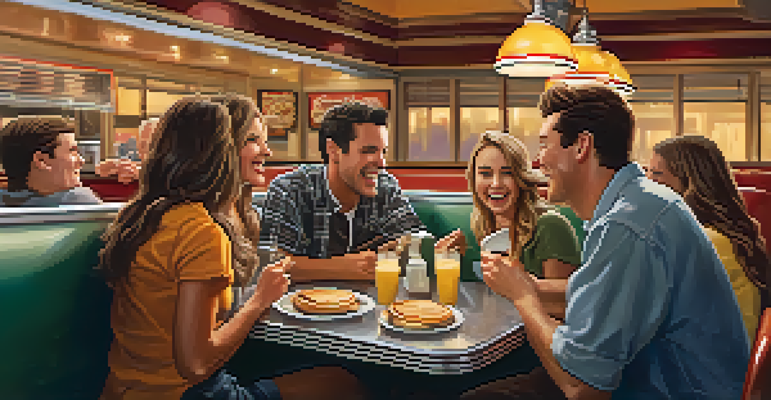 A group of friends enjoying a meal in a cozy diner, surrounded by warm light and classic diner decor.