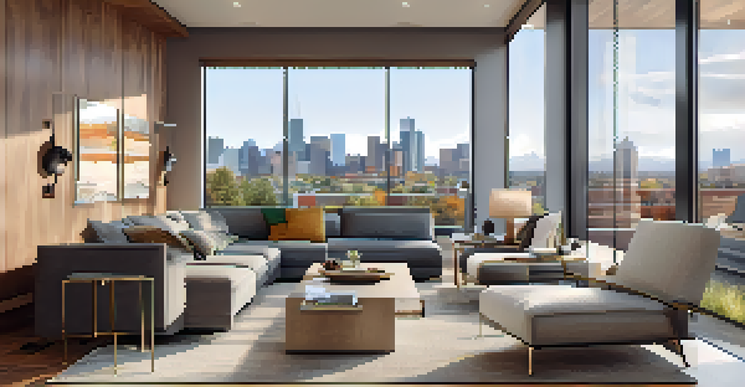 A bright and modern living room in a smart home, showcasing contemporary furniture and a view of Denver's skyline through large windows.
