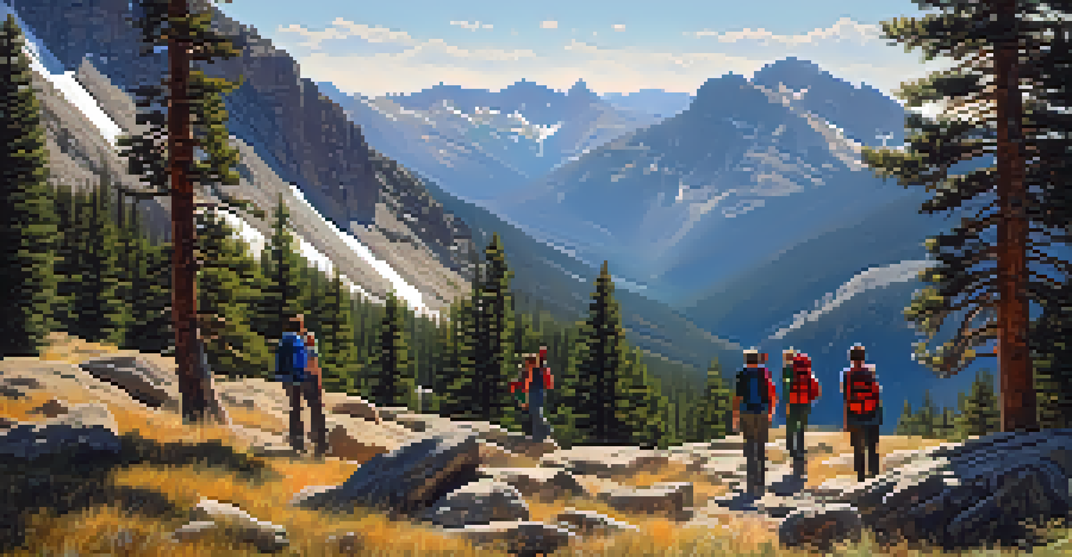 Students hiking in the Rocky Mountain National Park surrounded by trees and mountains under a clear blue sky.
