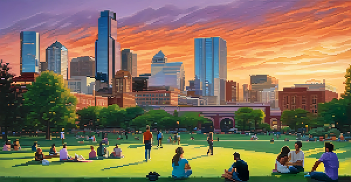 A scenic view of Denver's skyline at sunset, featuring tall buildings and a park in the foreground with people enjoying the scenery.
