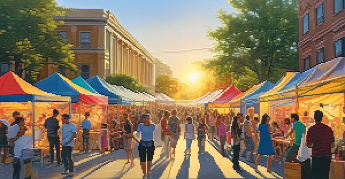 A lively street festival with colorful tents, artists displaying their work, and musicians playing, all under a warm sunset light.