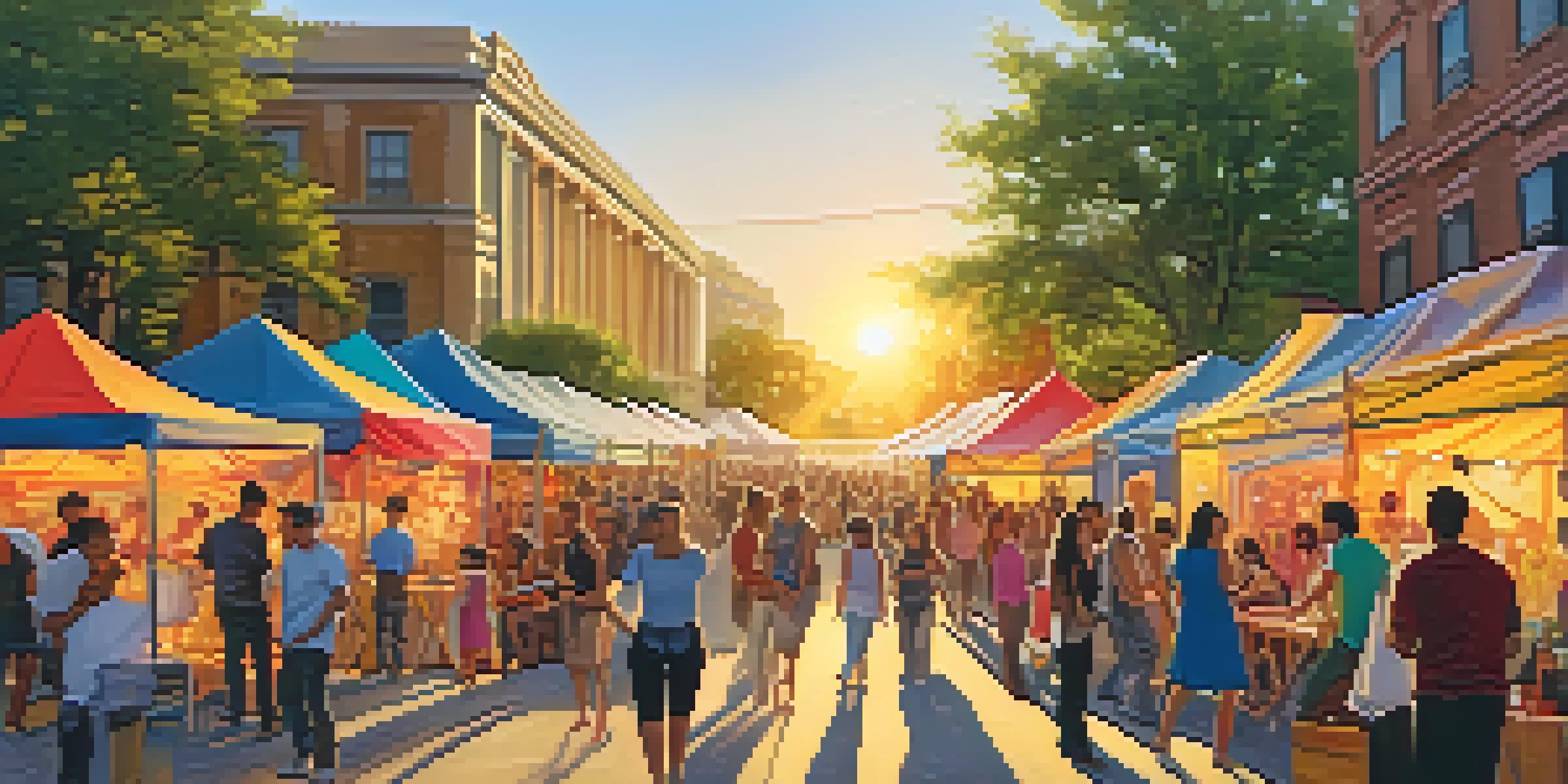 A lively street festival with colorful tents, artists displaying their work, and musicians playing, all under a warm sunset light.