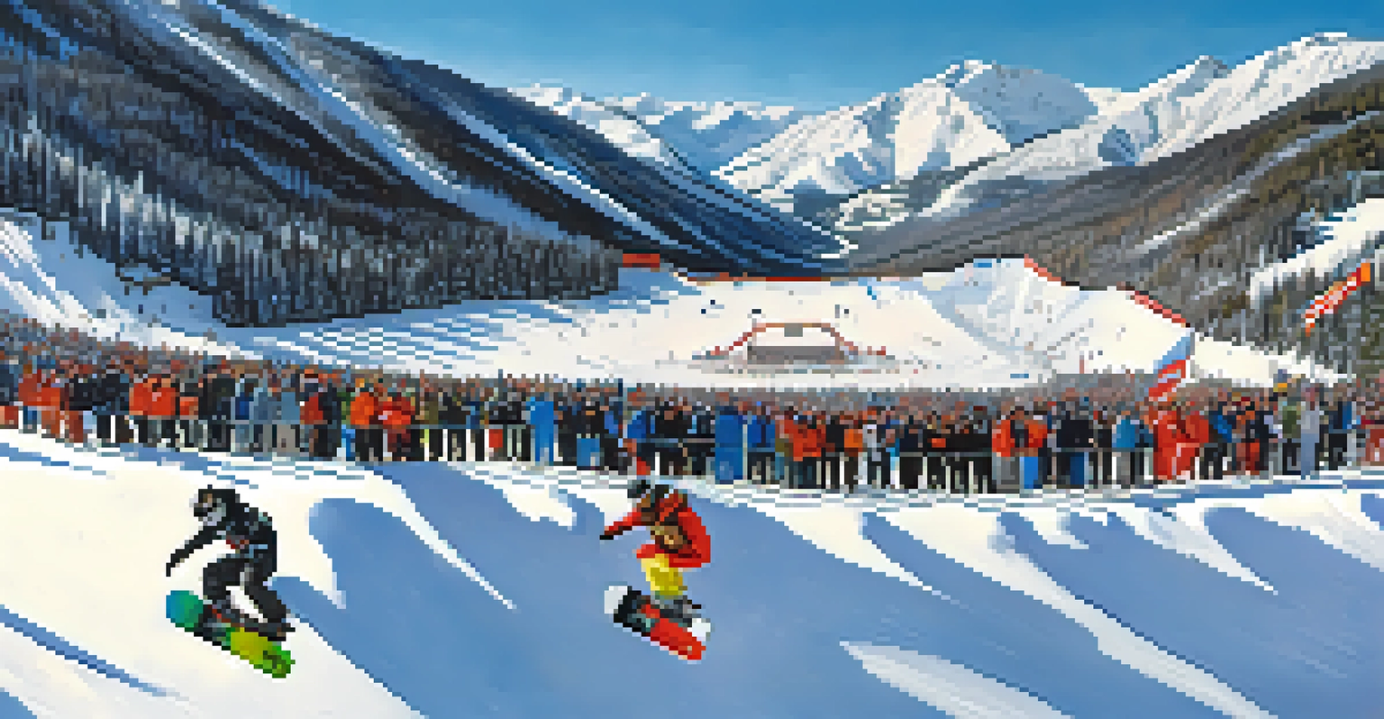 Snowboarders showcasing tricks at the X Games in Aspen with spectators and snowy mountains in the background.