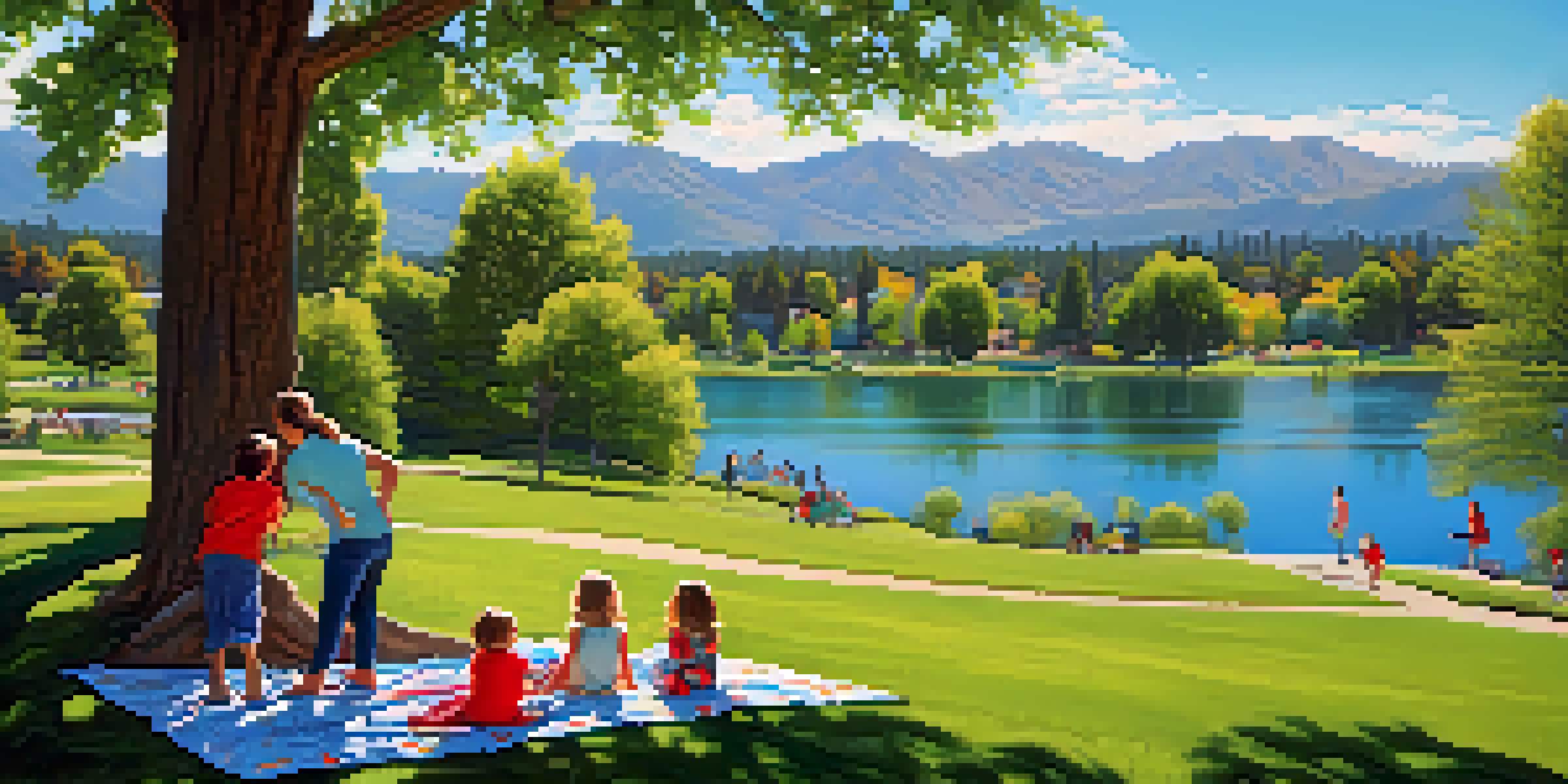 A family having a picnic in a park with children playing on the grass and a lake in the background.