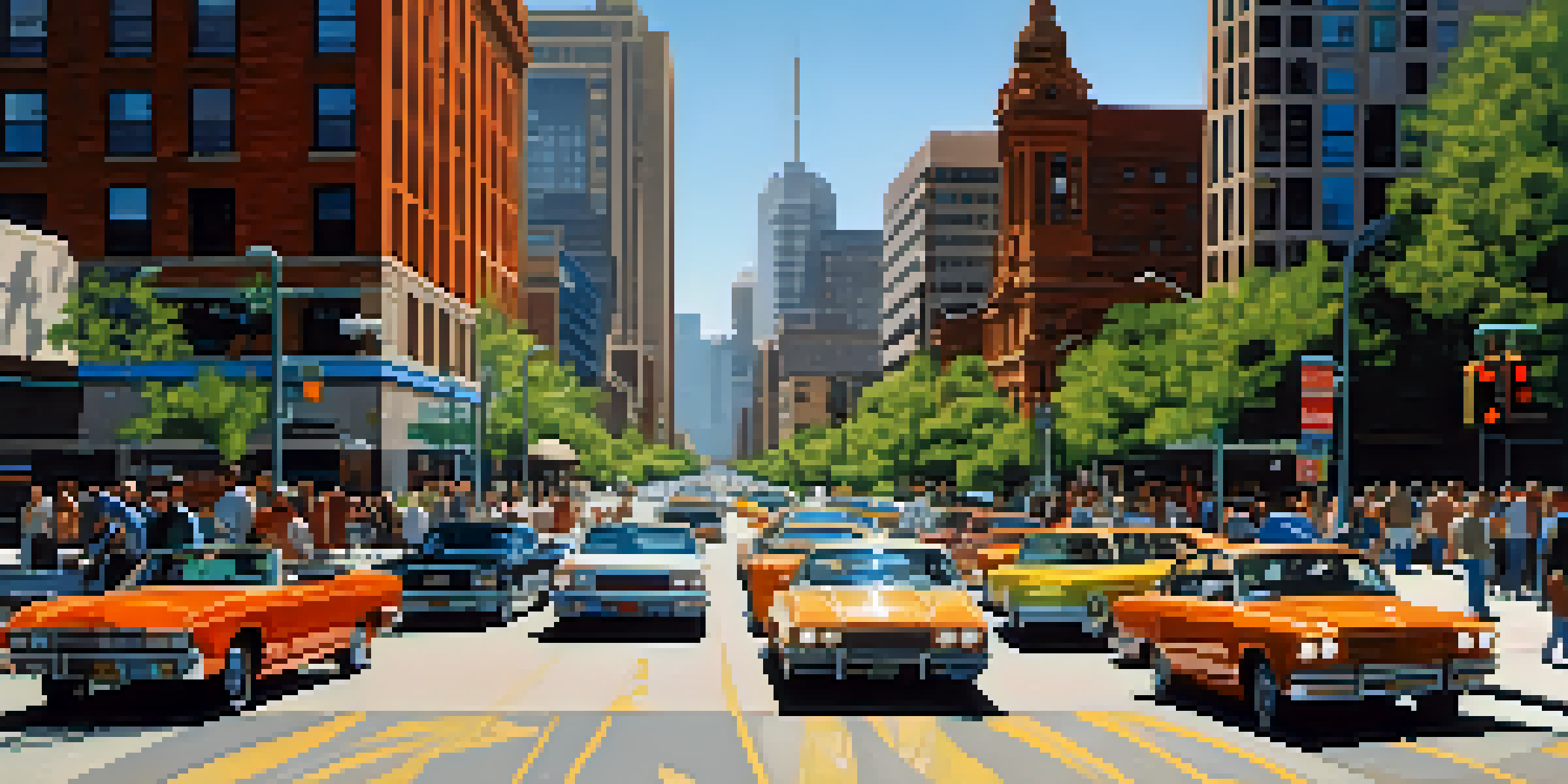A busy street in Denver with cars, buses, and cyclists, modern buildings in the background, and mountains in the distance.