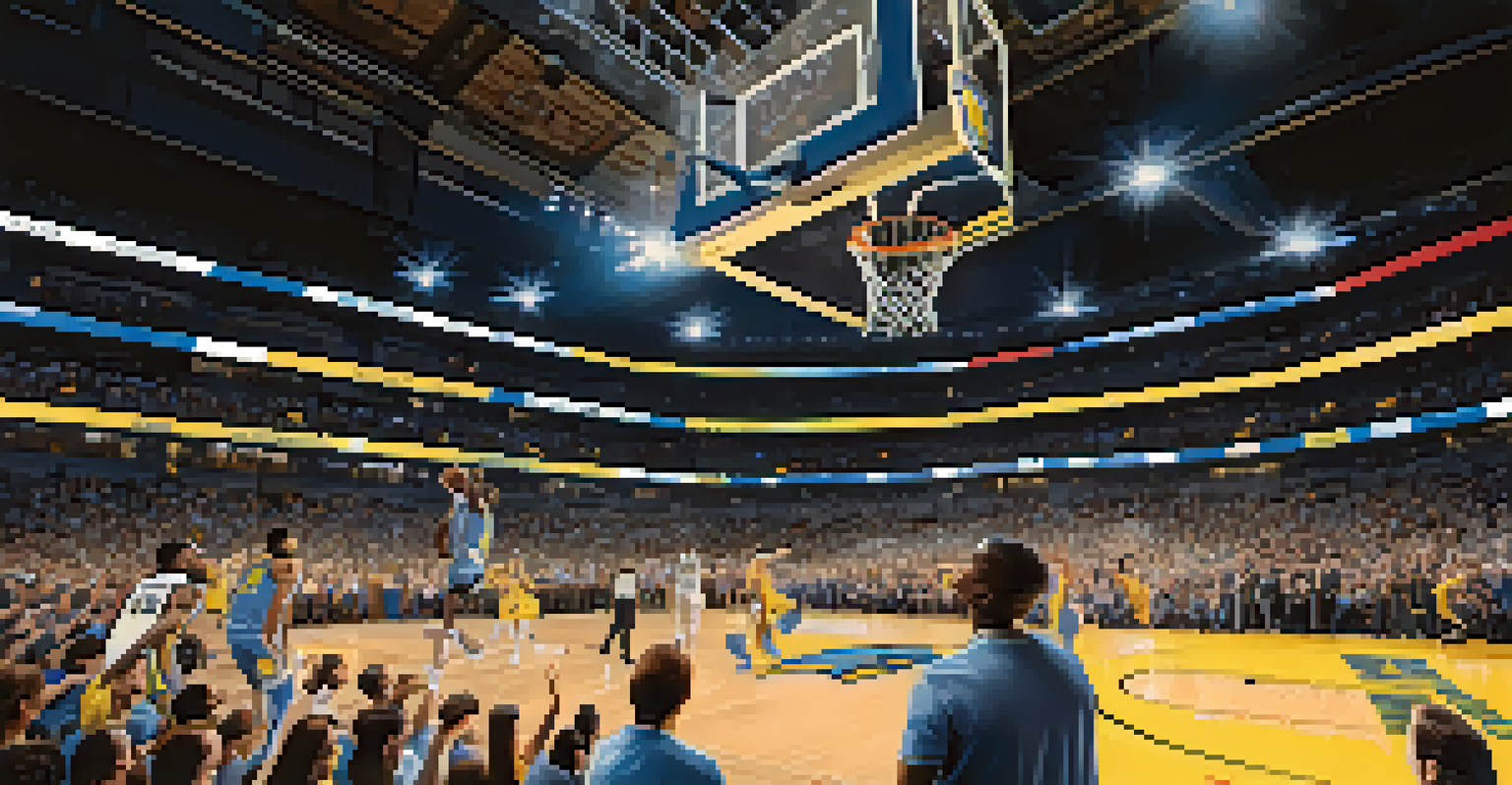 A Denver Nuggets player performing a slam dunk during a basketball game, surrounded by enthusiastic fans.