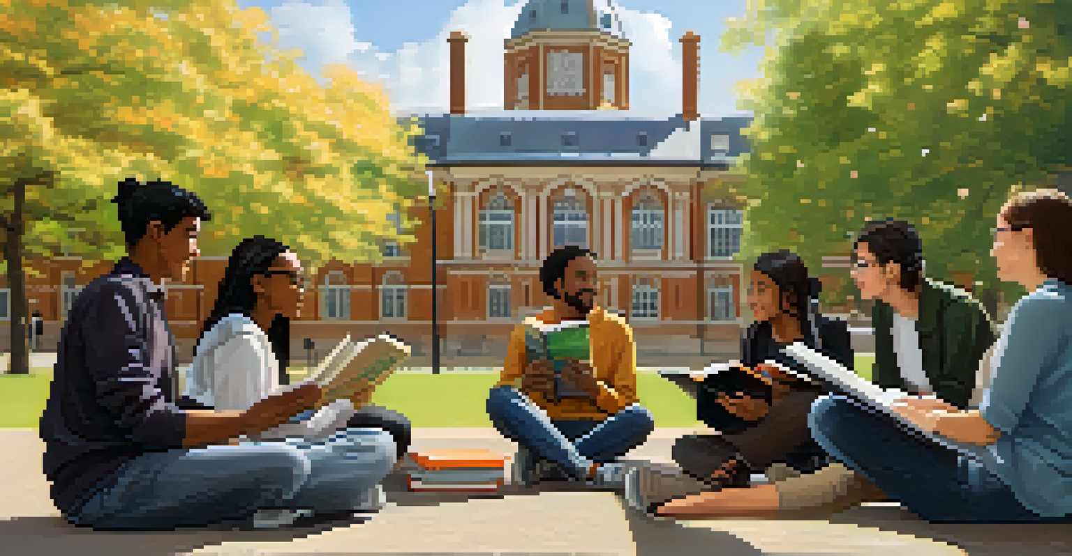 A diverse group of international students discussing on a university campus with historic buildings in the background.
