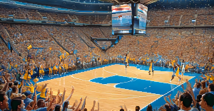 A lively college basketball game with fans cheering and players in action on a brightly lit court.