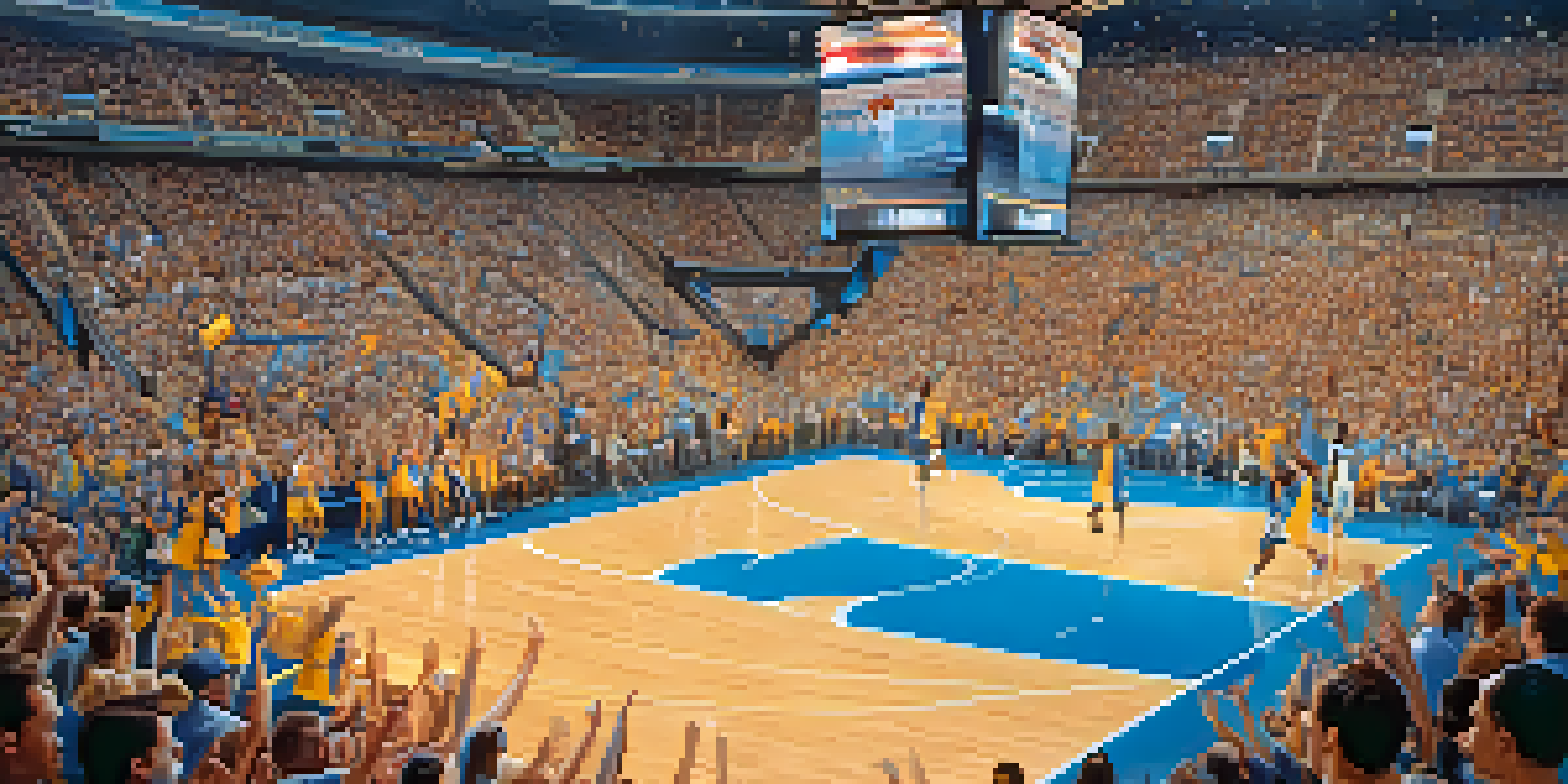 A lively college basketball game with fans cheering and players in action on a brightly lit court.