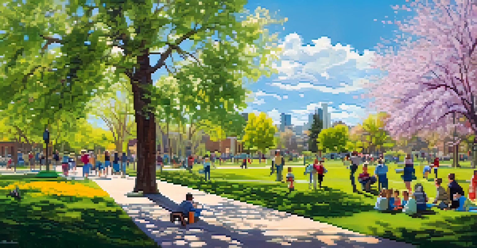 A lively spring park scene in Denver, featuring blooming wildflowers and families enjoying the sunny day.