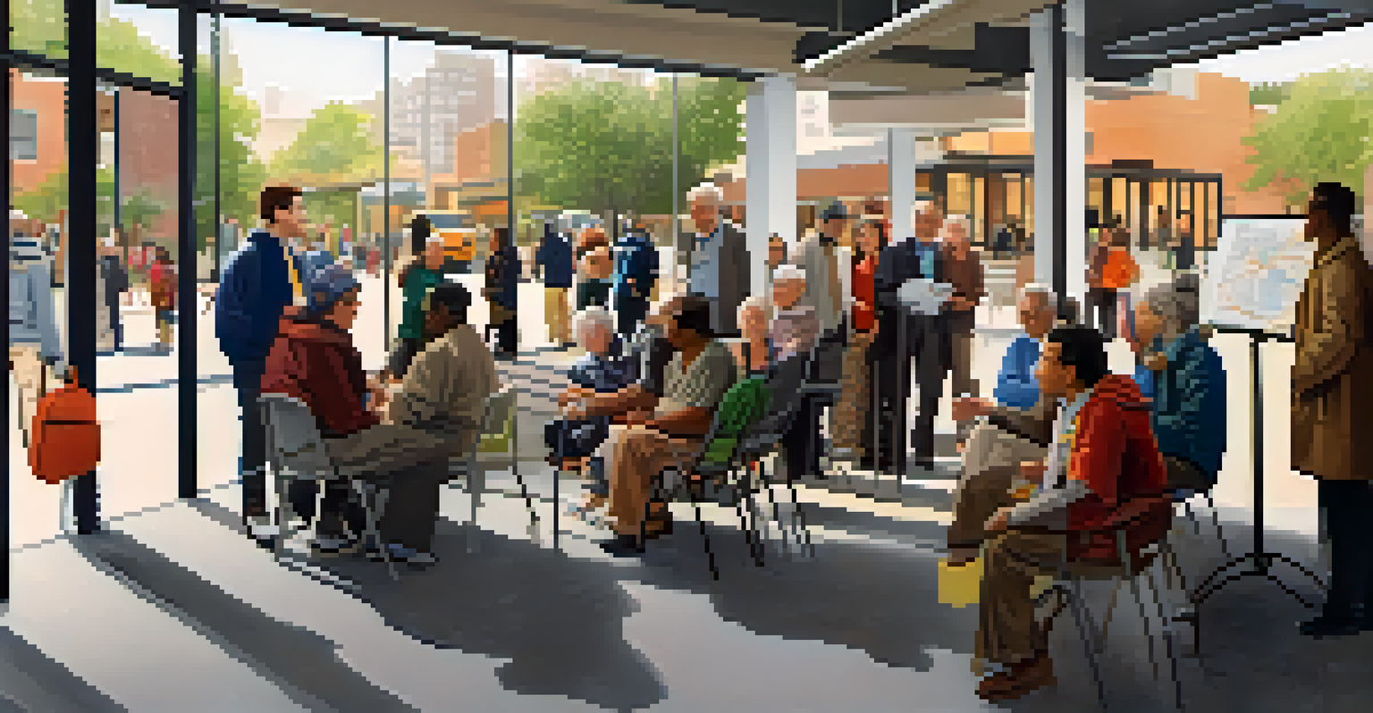 A community meeting focused on public transportation accessibility, with diverse participants discussing and visual aids in the background.