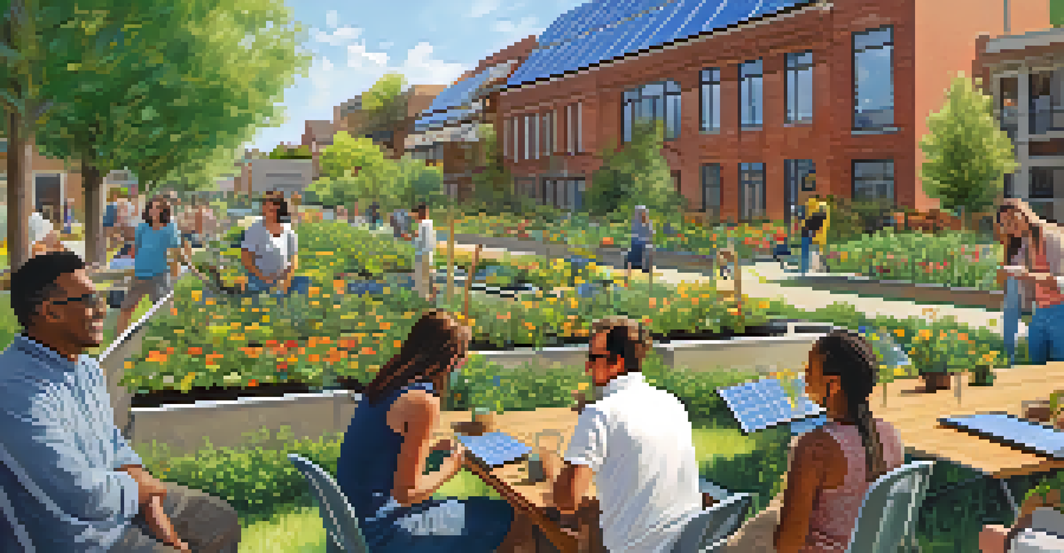 A community solar garden with people interacting and solar panels, surrounded by greenery.