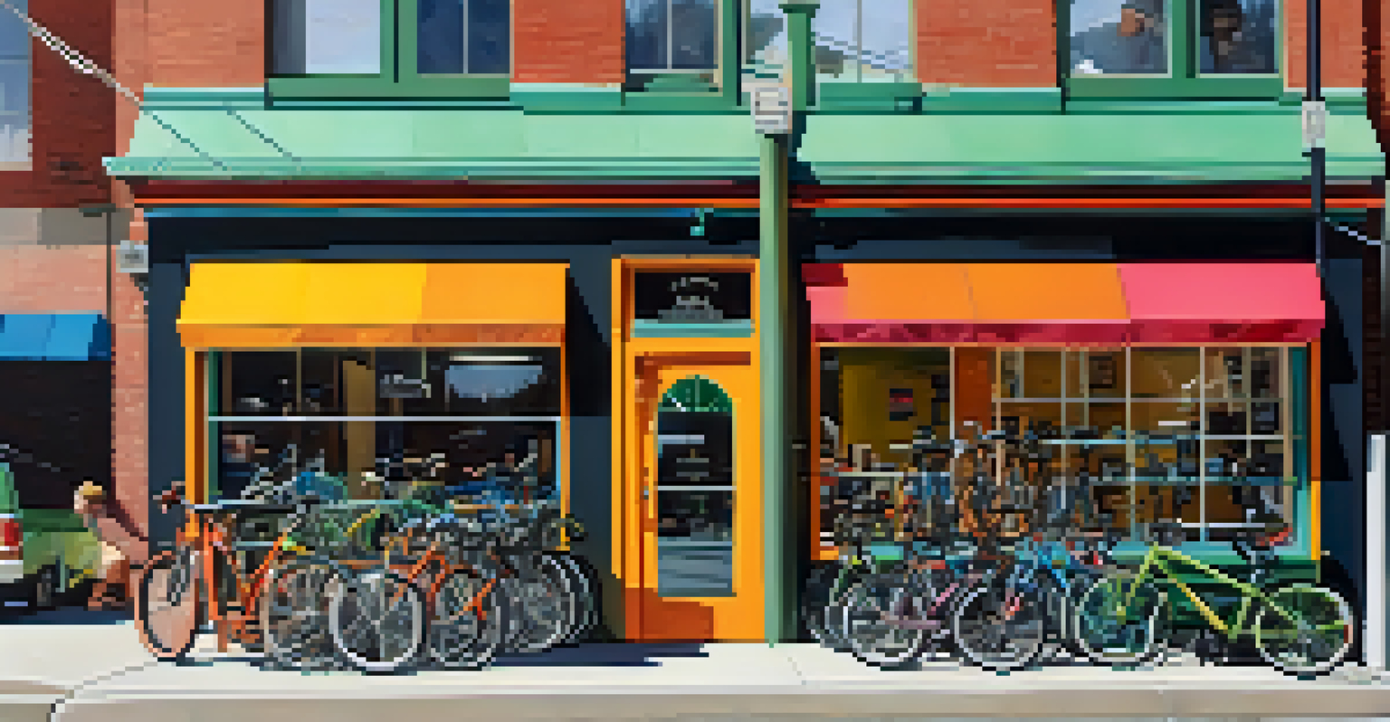 A local bike shop with bicycles on display and cyclists socializing outside, showcasing a vibrant community atmosphere.