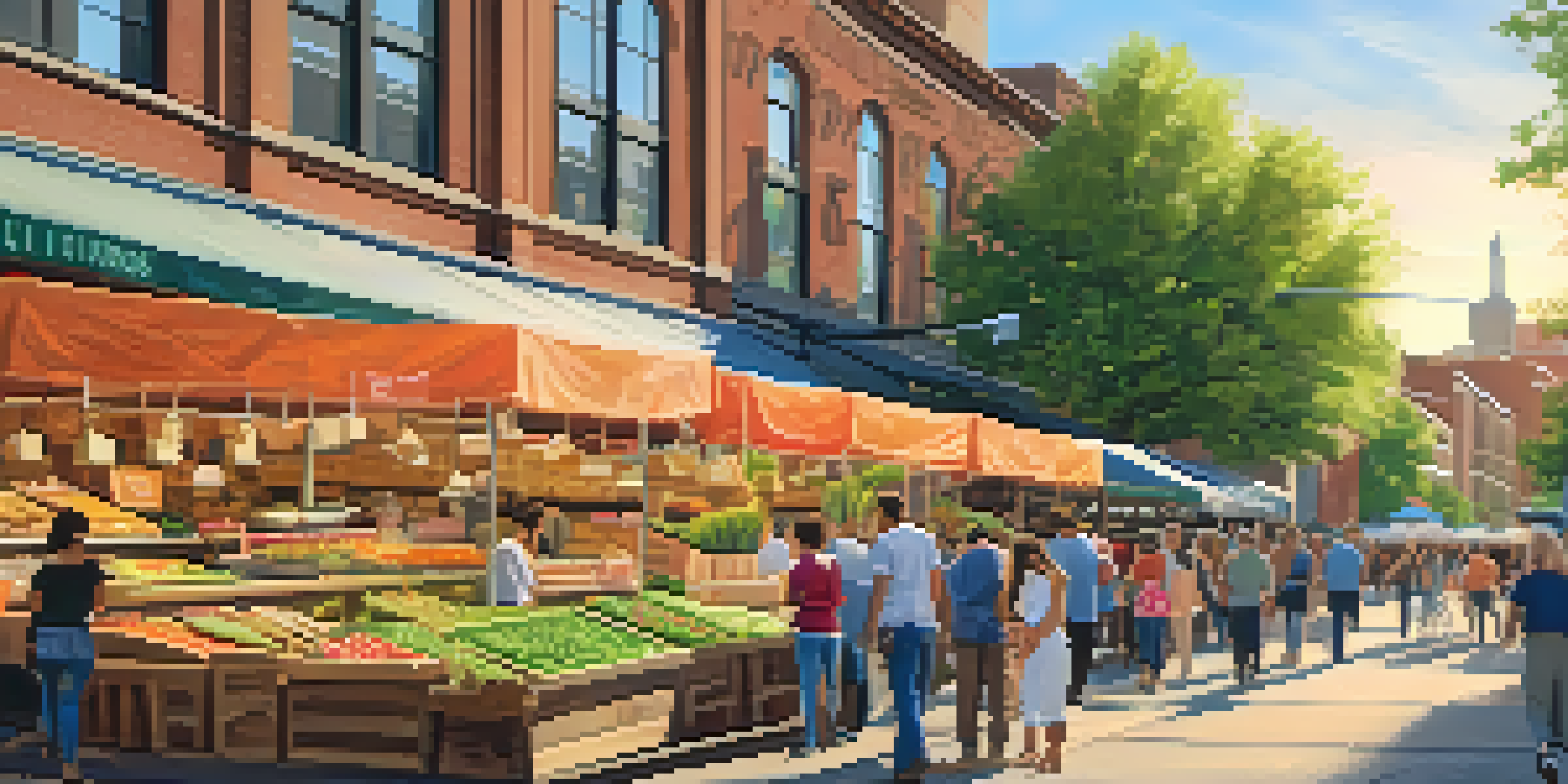 A bustling outdoor food market in Denver with colorful stalls and the Rocky Mountains in the background during sunset.