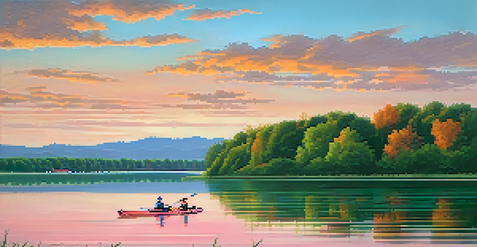 A picturesque sunset view over Cherry Creek Reservoir with kayakers on calm waters surrounded by lush trees.