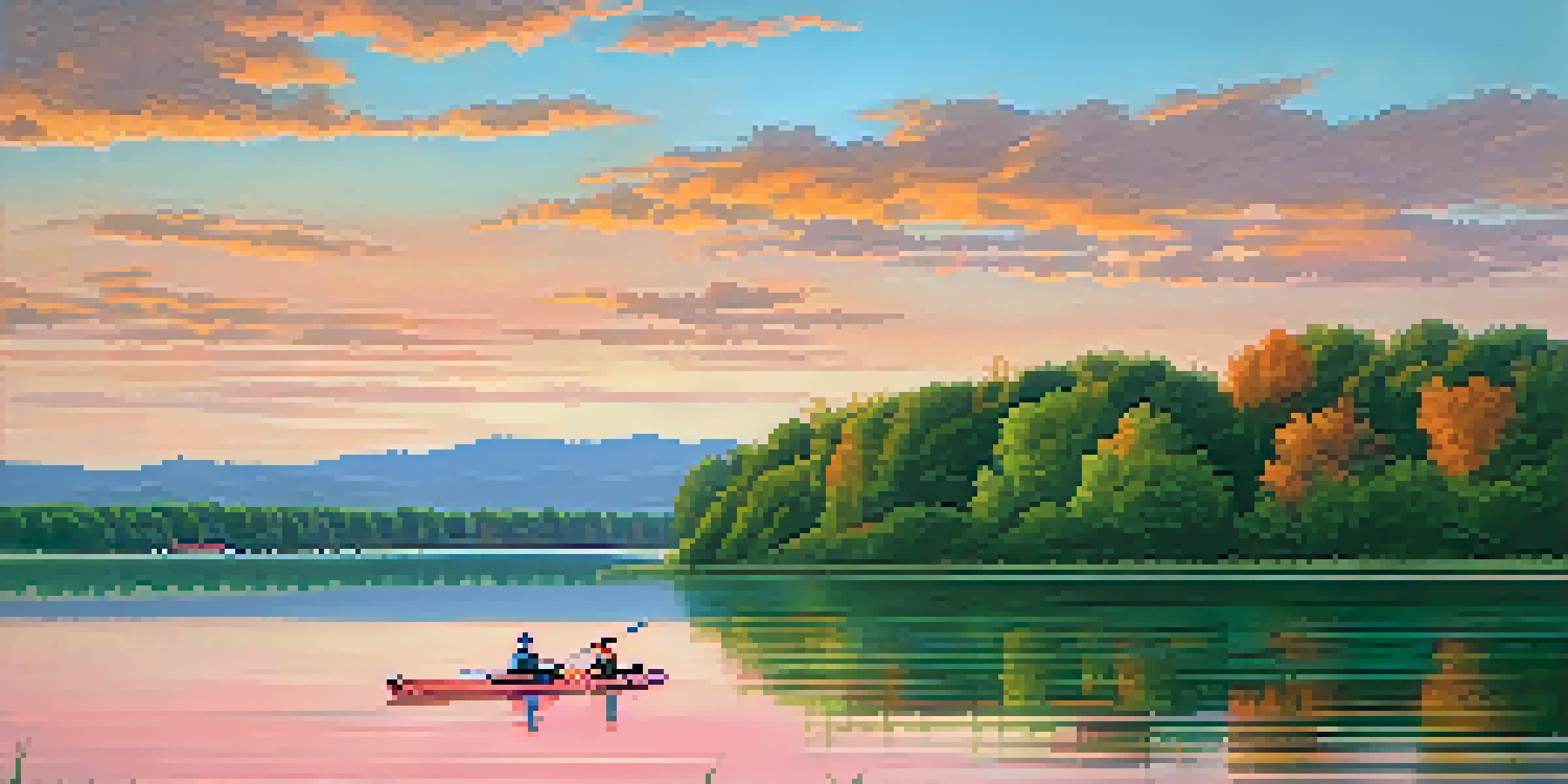 A picturesque sunset view over Cherry Creek Reservoir with kayakers on calm waters surrounded by lush trees.