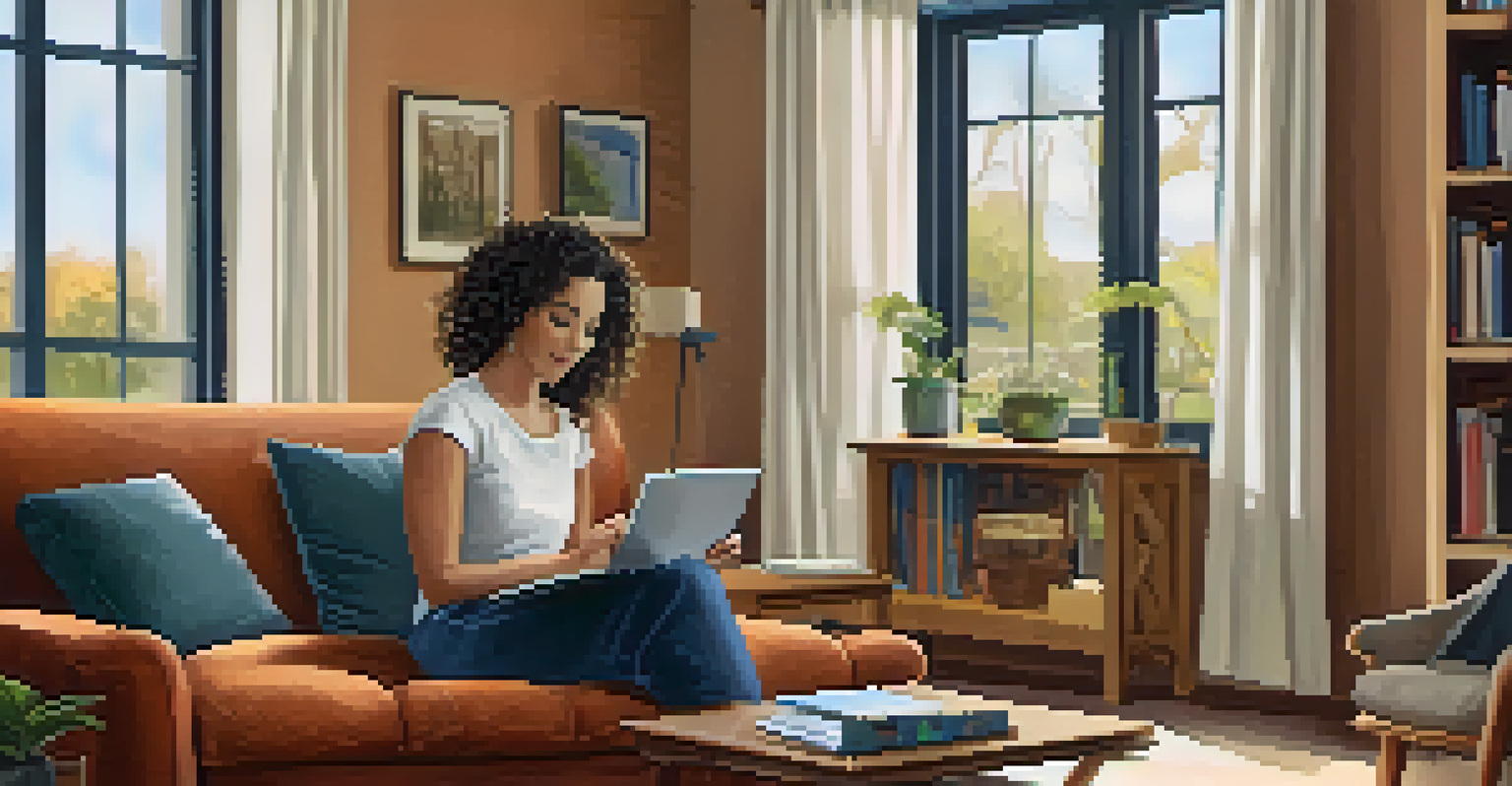 An adult person studying on a tablet while seated on a sofa, surrounded by a well-lit living room with decorations.