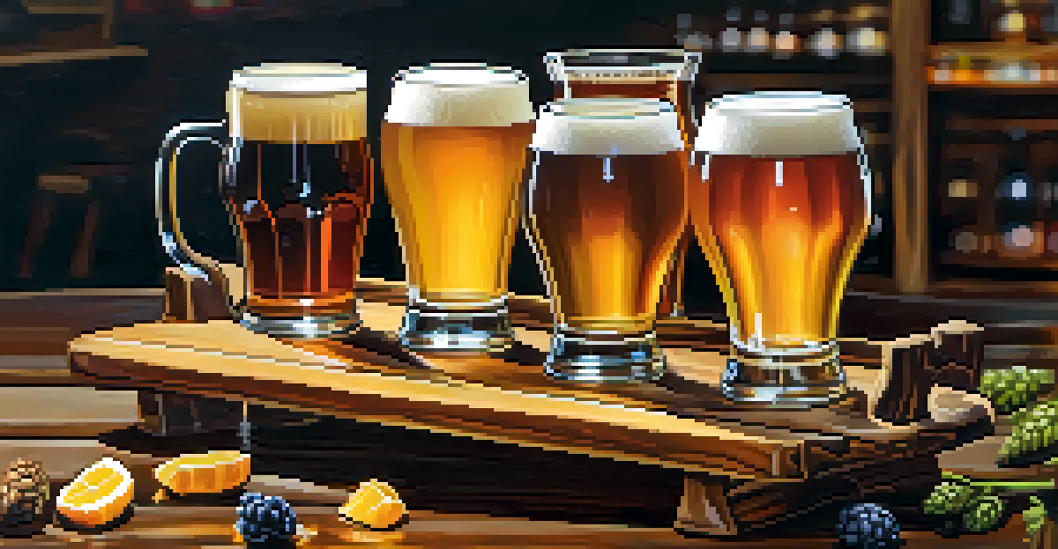 A close-up of a beer flight featuring small glasses of colorful craft beers on a rustic wooden table, emphasizing the variety and creativity of the beverages.